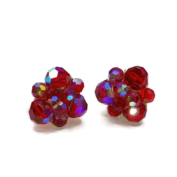 Vintage Red Aurora Borealis Cluster Beaded Clip on Earrings - Picture 1 of 5